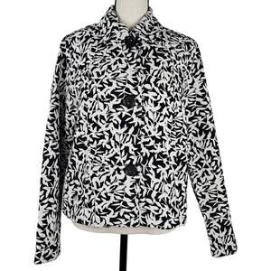 Croft & Barrow Jacket Women Petite Medium Black White Leaf Print Button Front